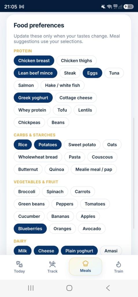 RISE app Food Preferences screen — select proteins, carbs, vegetables and dairy you enjoy