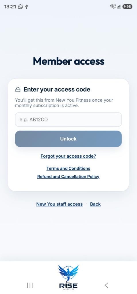 RISE app Member Access screen — enter your access code to unlock the app